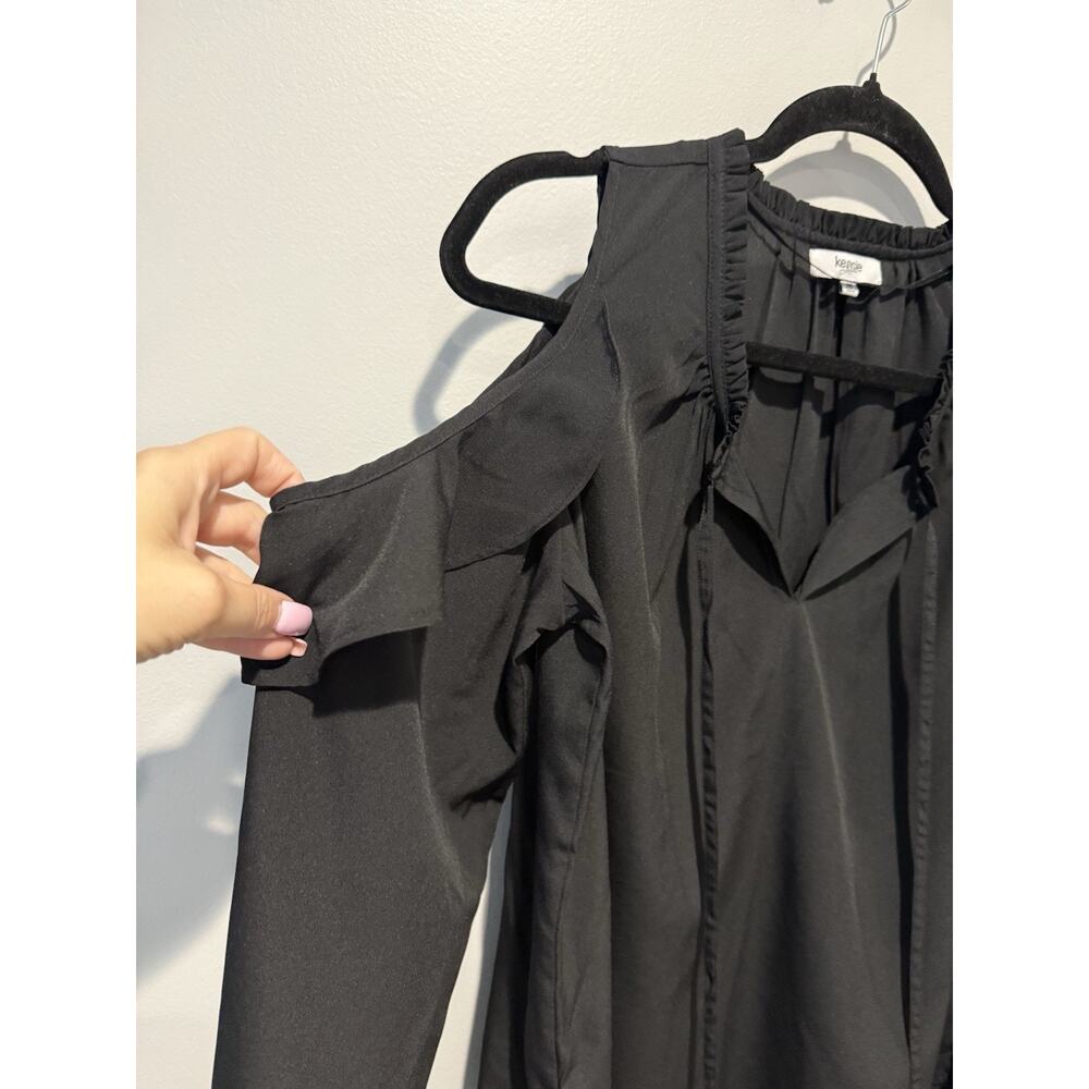 Kensie Black Cold Shoulder Ruffle Top Blouse Tassel Tie Long Sleeve Flowy Boho M - Picture 3 of 9
